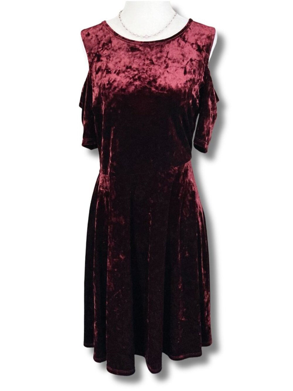 REITMANS Burgundy short sleeve cold shoulder crushed velvet a-line dress MEDIUM